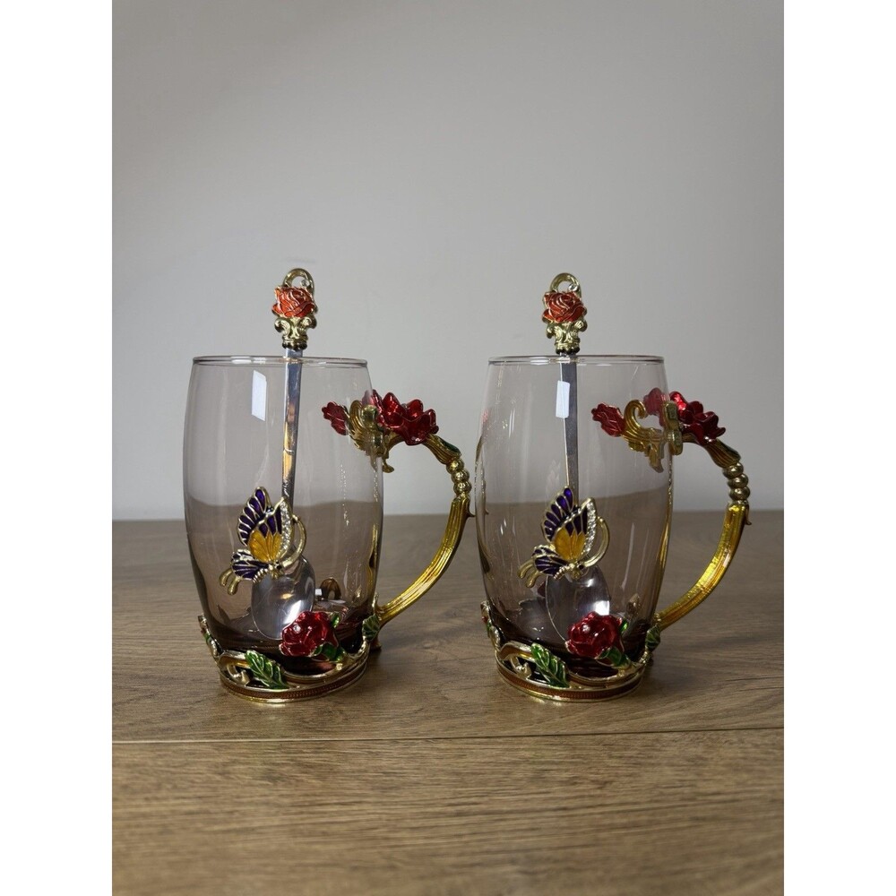 Arc France 4Pc Set Of Glass Tea Cup Mugs 35cl + Spoons Rose Butterfly Jeweled